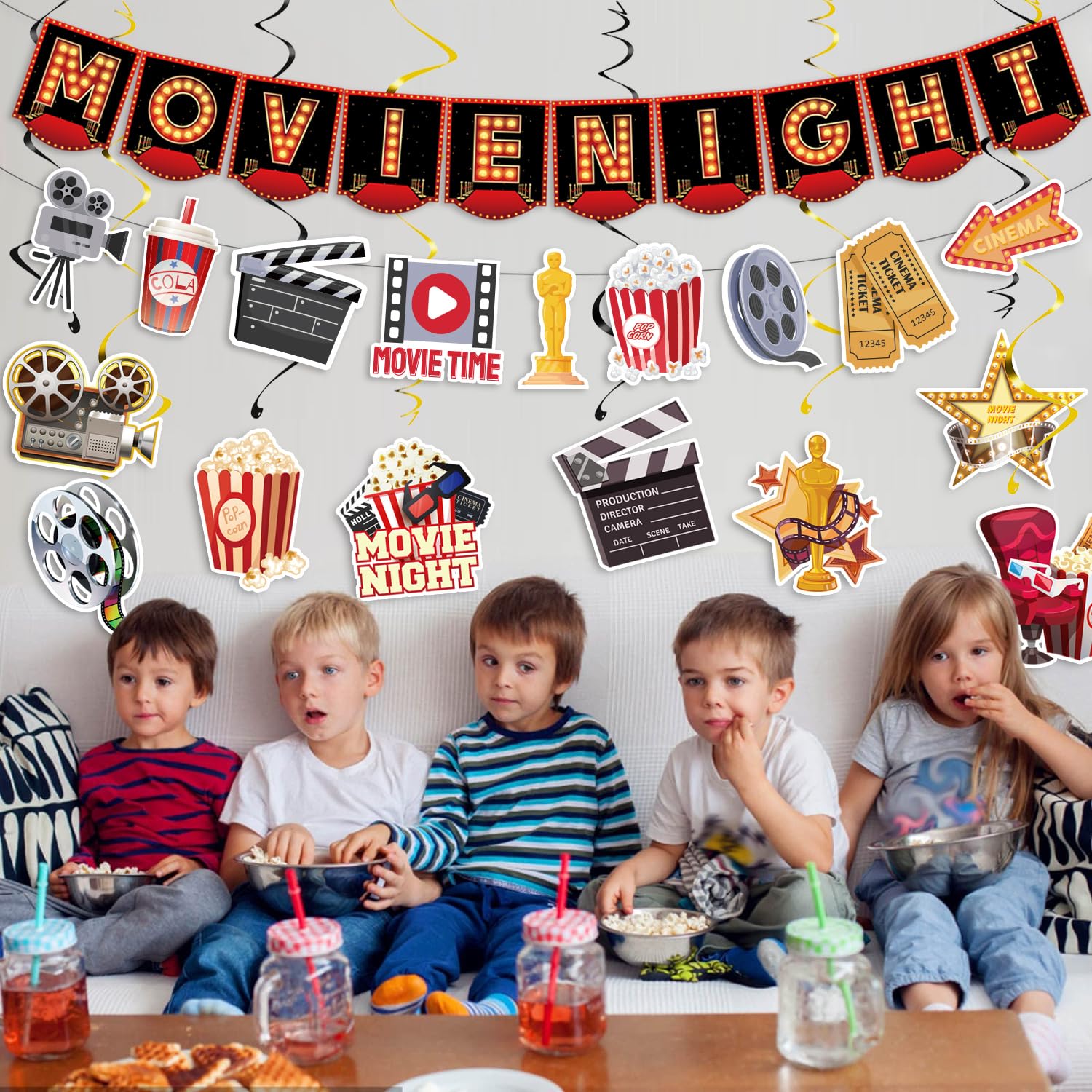 SKIRUP 18 Pieces Movie Night Decorations Party Decorations Kit movie night Banner Hanging Swirls Movie Theater Themed for Bridal Shower Birthday Party Supplies Film Backdrop