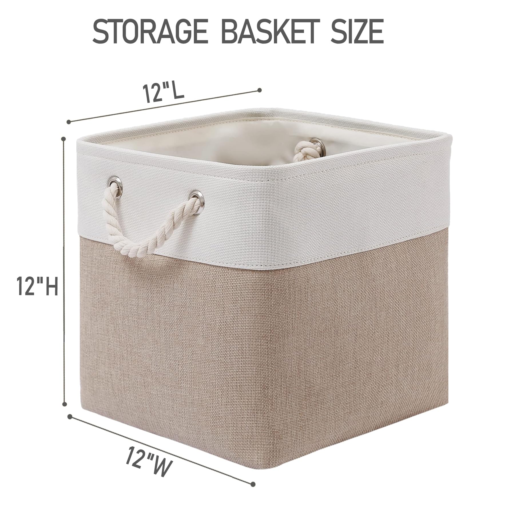 MidmmVick 12 x 12 Inch Cube Storage Bins, 6 Pack Large Collapsible Fabric Storage Bin with Ropes, Foldable Storage Cubes for Home, Office,Closet, Clothes, Toys Organizer (White & Beige)