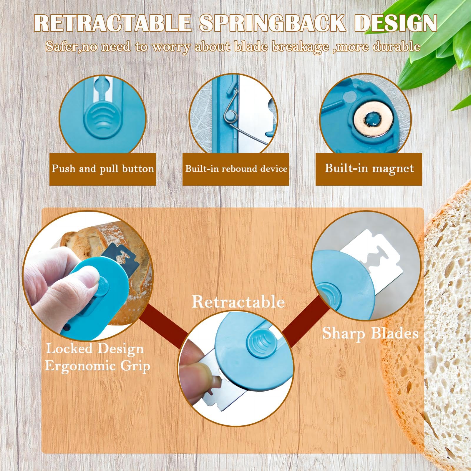 INSPOLIG Magnetic Bread Lame Dough Scoring Tool,Push-Pull Design Bread Lame Slashing Tool, Professional Sourdough Scoring Tool for Sourdough Bread Baking & Making Contain 5 Razor Blades (Blue)