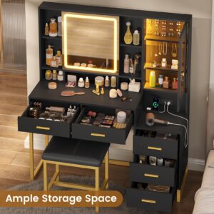 BTHFST Makeup Vanity with Upholstered Stool & Charging Station, Vanity Desk with Mirror and Lights & Jewelry Storage, Vanity Table Set with RGB Lights & 5 Drawers & Shelves, Black & Gold