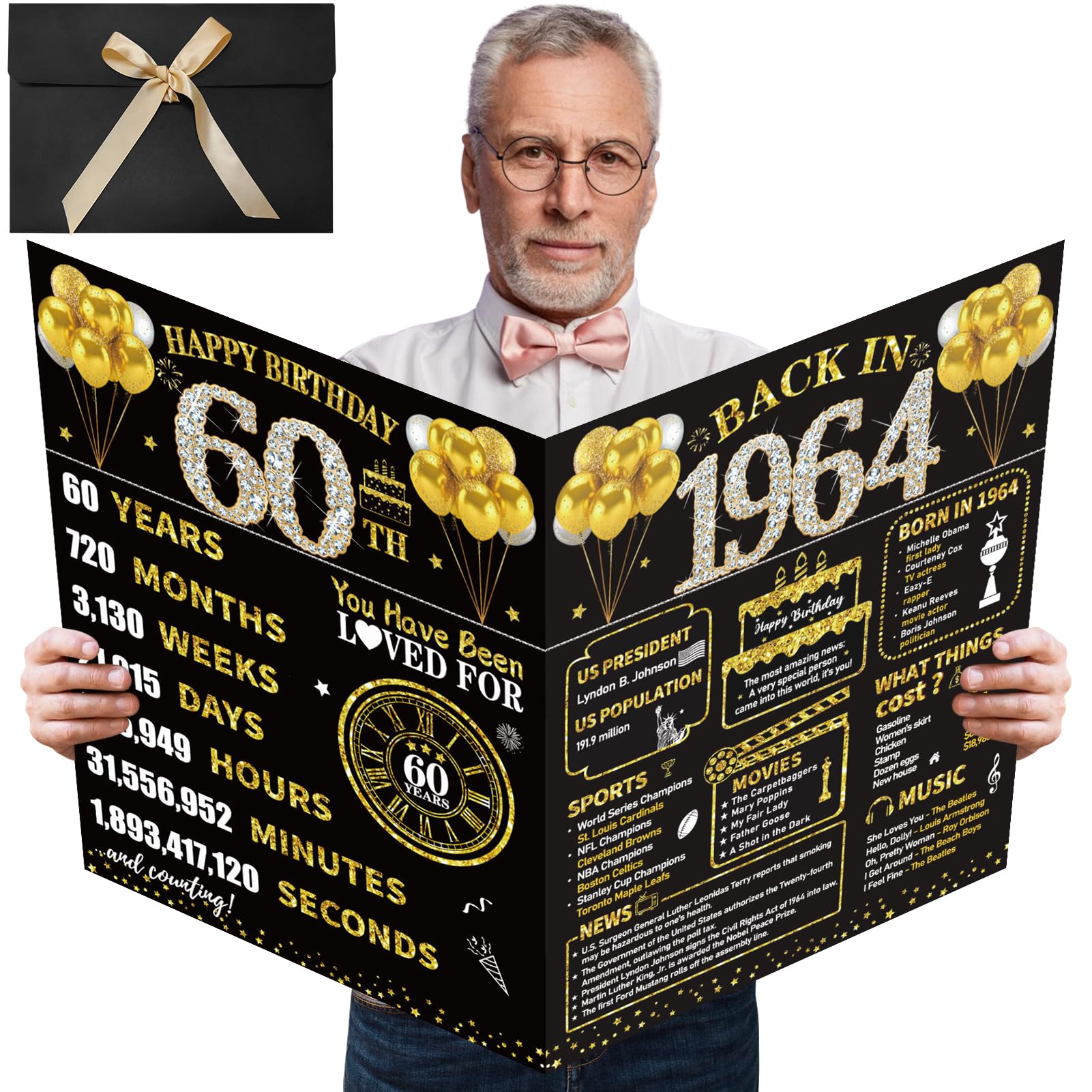 Kuxriox Large 60th Birthday Card With Envelope, Black Gold Happy 60th Birthday Giant Guest Book Gifts for Men Women, Giant Sixty Bday Card Gifts Party Supplies, Back in 1964 Jumbo 60 Bday Card