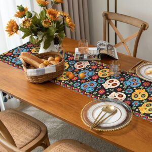 Day of The Dead Table Runner Mexican Skull Table Runner 72 x 13 Inch Halloween Floral Table Runner Dia De Los Muertos Table Runner Fiesta Table Decor for Halloween Decoration Home Kitchen Indoor party