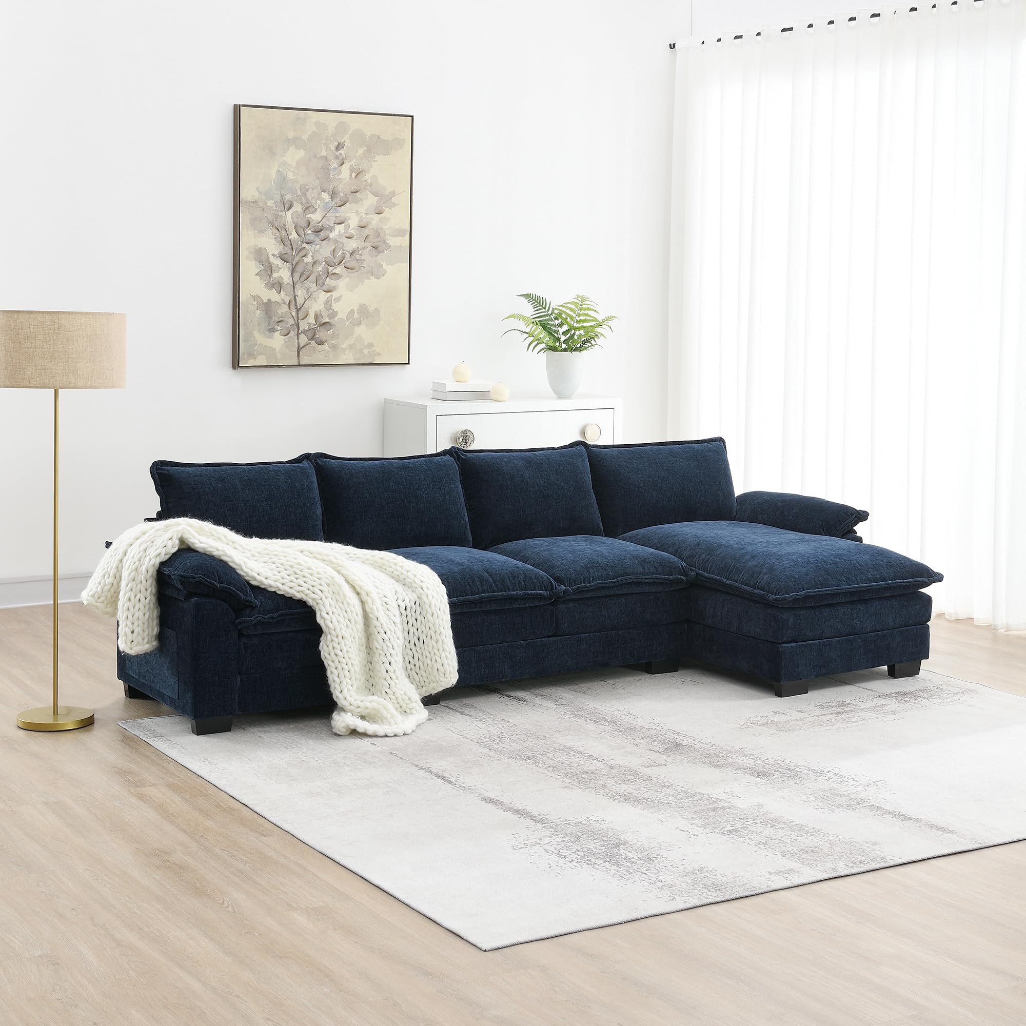 118" Oversized Modular Cloud Couch - Comfy Chenille Modular Sofa Convertible Upholstered L Shaped Sectional Sofa Cloud Couches with Chaise Lounge & Double Cushions for Living Room (Dark Blue)