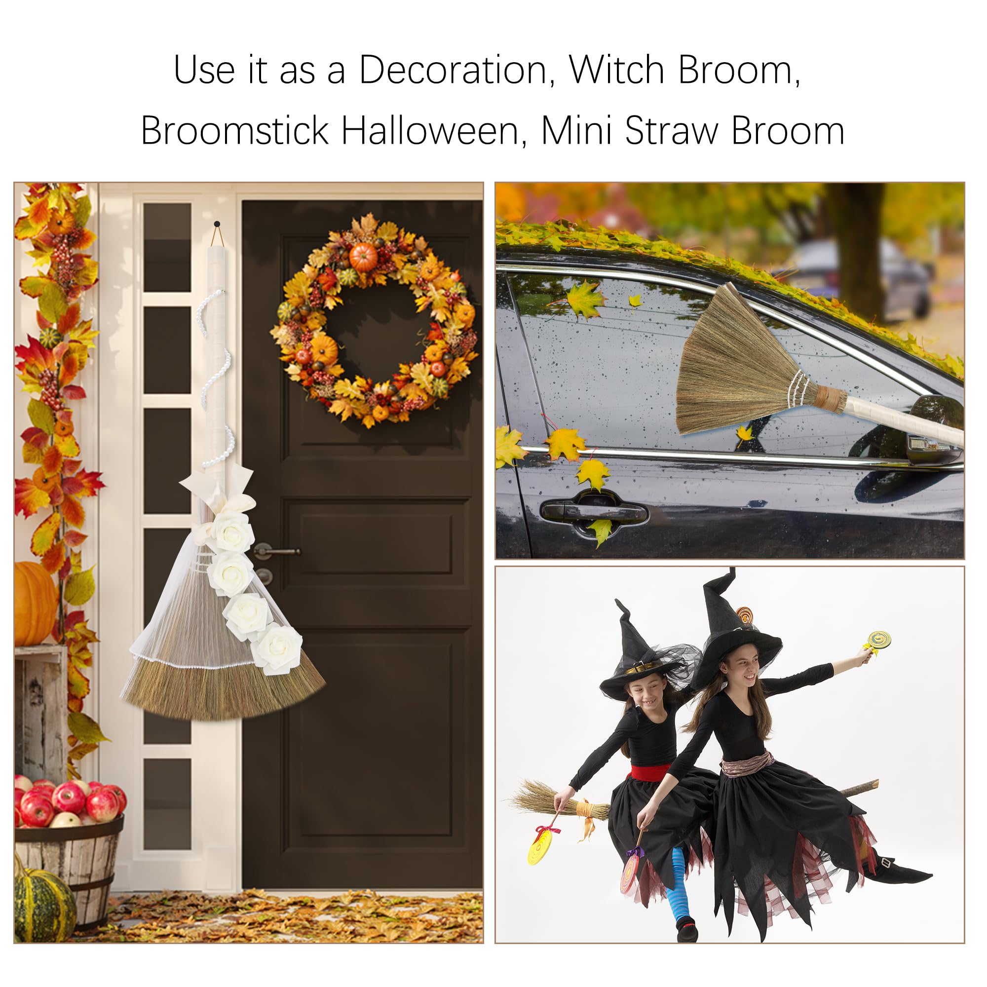 Wedding Broom for Jumping Ceremony, Decorative Jump Broom DIY White Tulle Accents with Ribbons Artificial Pearl Roses