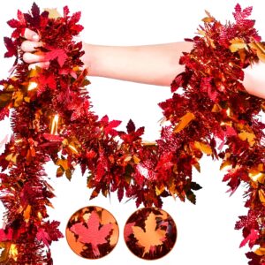 mega-l thanksgiving garland decorations, 26.25ft orange red fall maple leaves glittering hanging metallic tinsel garland for autumn birthday party supplies outdoor indoor mantel decor fall ornaments