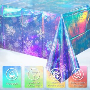 3 Pack Iridescent Winter Snowflake Plastic Tablecloth Decorations, Holographic Blue and Purple Snowflake Winter Wonderland Disposable Table Cover for Winter Holiday Birthday Decorations, 54x108 Inch