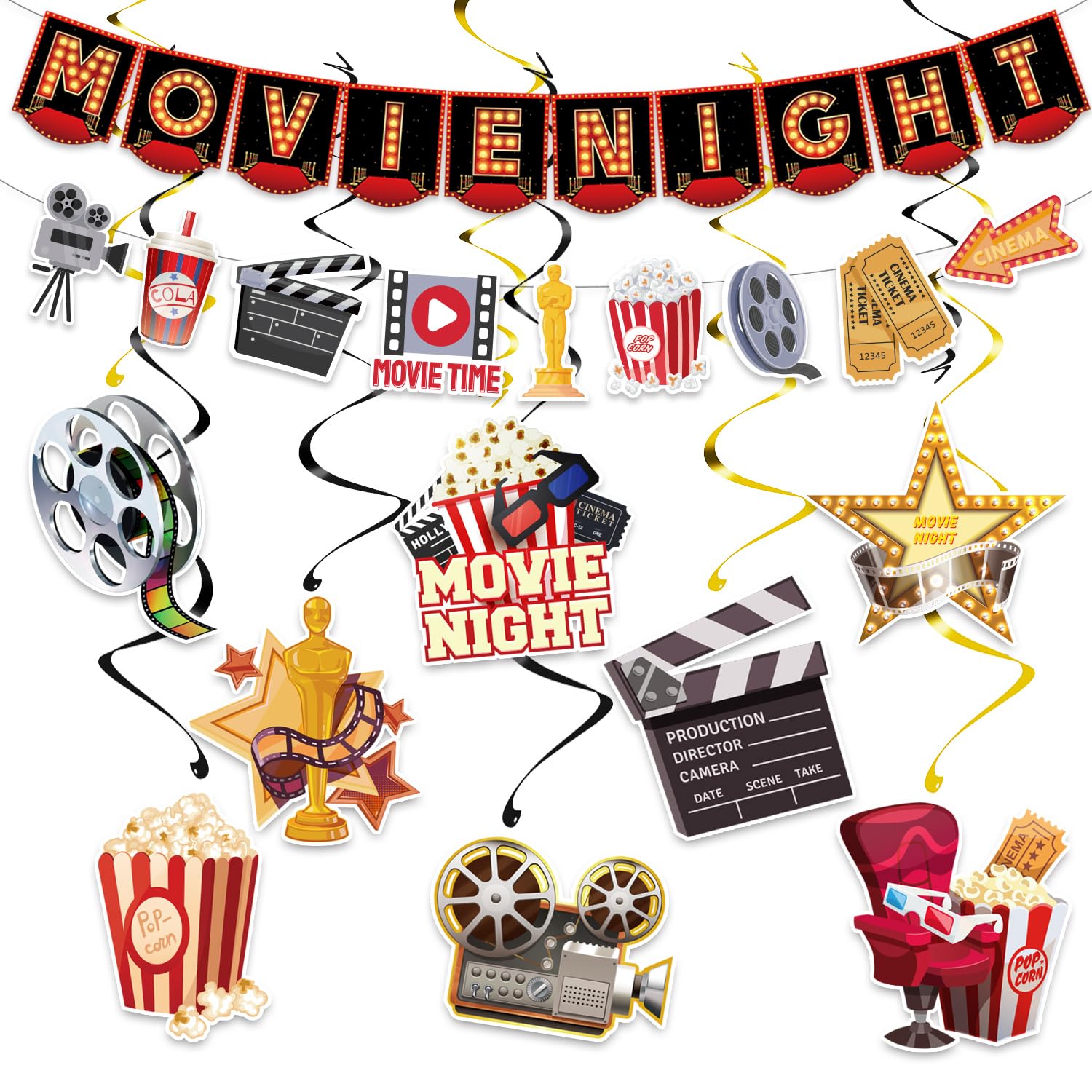 SKIRUP 18 Pieces Movie Night Decorations Party Decorations Kit movie night Banner Hanging Swirls Movie Theater Themed for Bridal Shower Birthday Party Supplies Film Backdrop