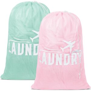 2 pack large mesh laundry bag, heavy duty laundry bags with drawstring, laundry hamper liner, machine washable, for travel, storage, sports, dorms and apartment dwellers, 24 x 36 inches (pink+green)