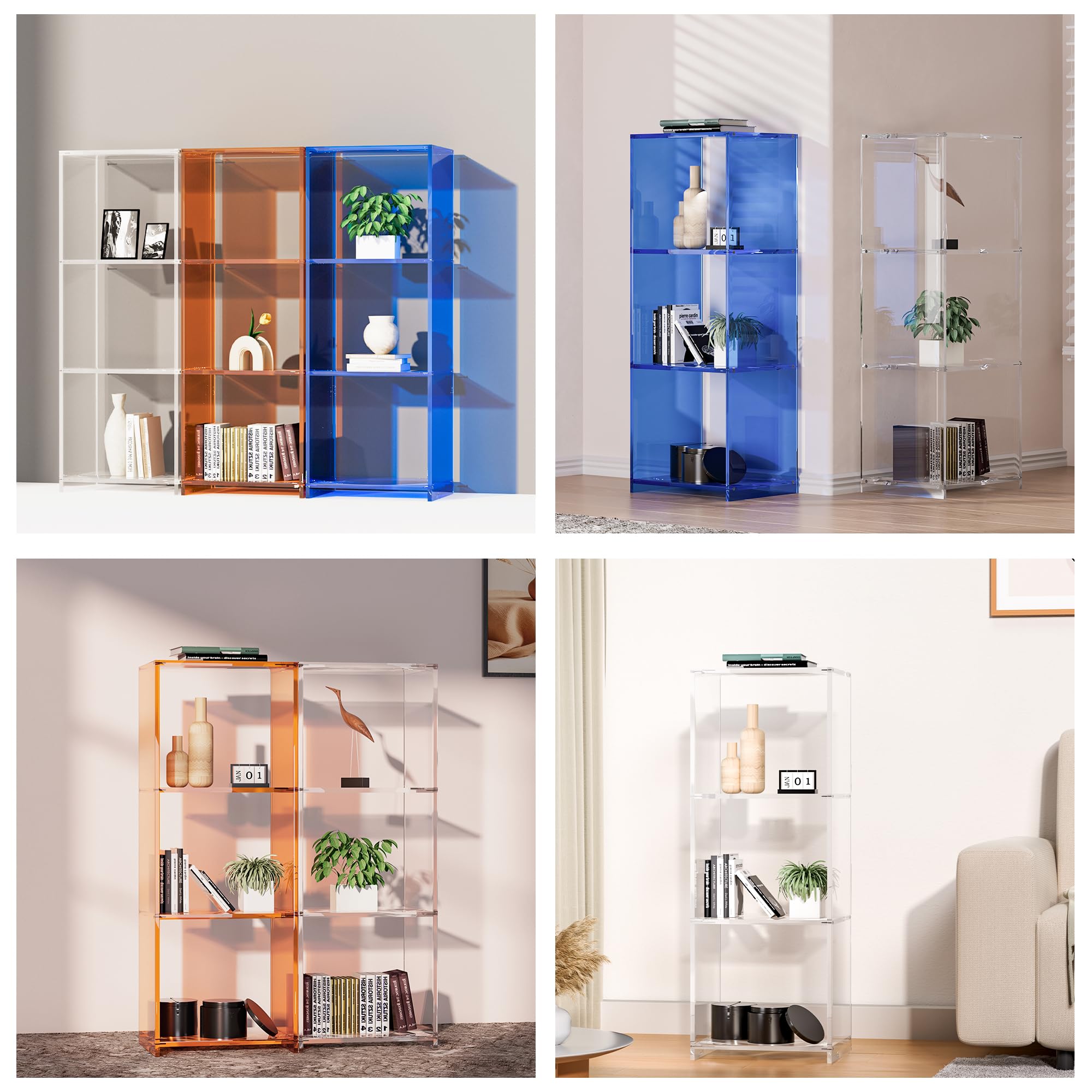 3 Tier Acrylic Bookcase, Clear Floor Standing Acrylic Bookshelf, 31.5 inch Tall Display Cube Storage Shelf Home Decor Furniture for Home, Office, Living Room, Bedroom, Blue