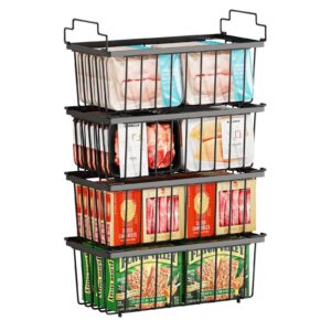 freezer organizer bins (14.6"l x 7.1"w x 5.2"h) - 4 pack stackable chest freezer organizer for 7 cu.ft deep freezer sort frozen meats | deep freezer organizer bins get food easily w/handle(black)