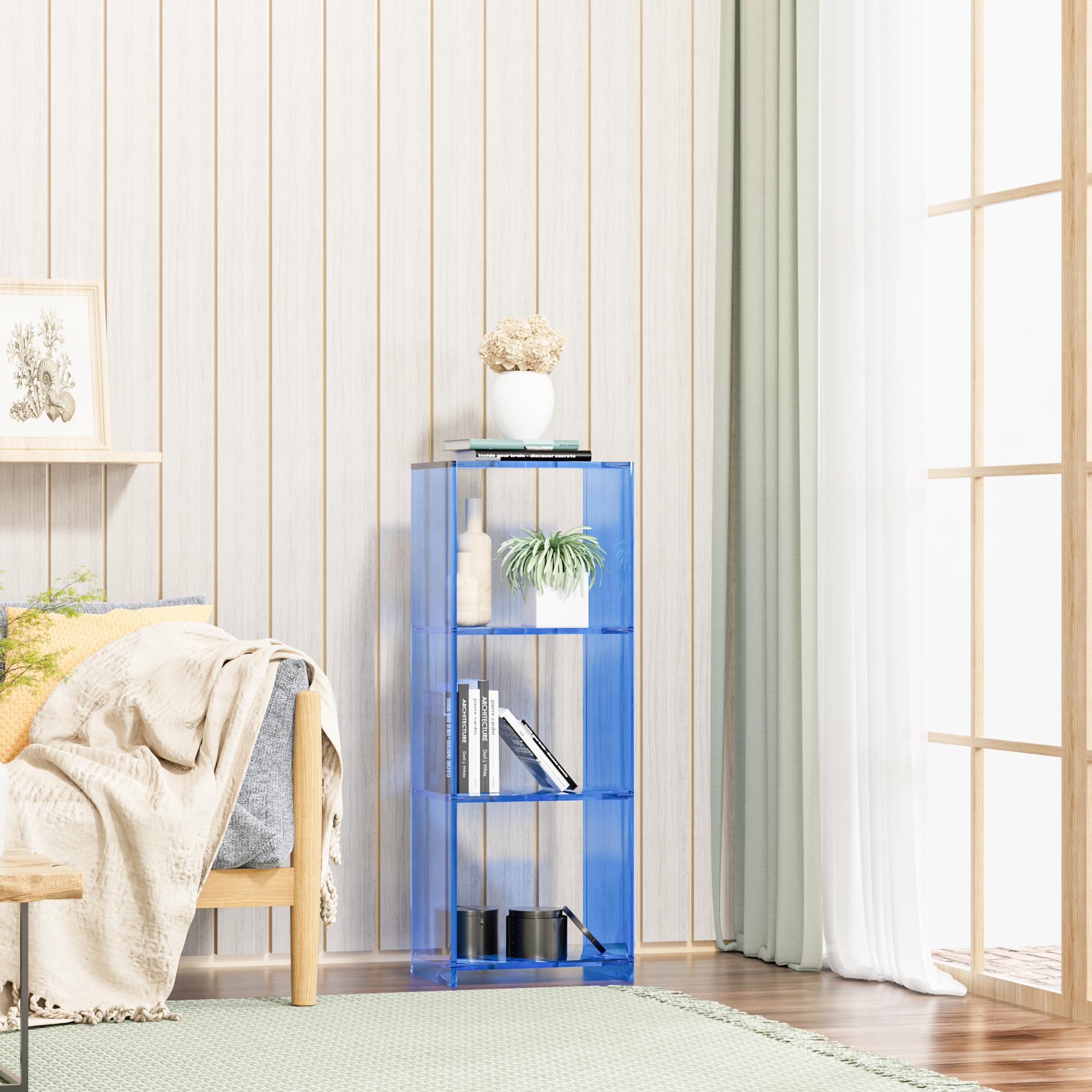 3 Tier Acrylic Bookcase, Clear Floor Standing Acrylic Bookshelf, 31.5 inch Tall Display Cube Storage Shelf Home Decor Furniture for Home, Office, Living Room, Bedroom, Blue