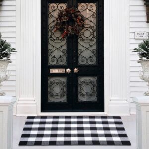 pixfairy buffalo plaid area rug - 27.5x43 inches, black and white checkered, washable cotton, ideal for front porch, kitchen, entryway, patio, bathroom