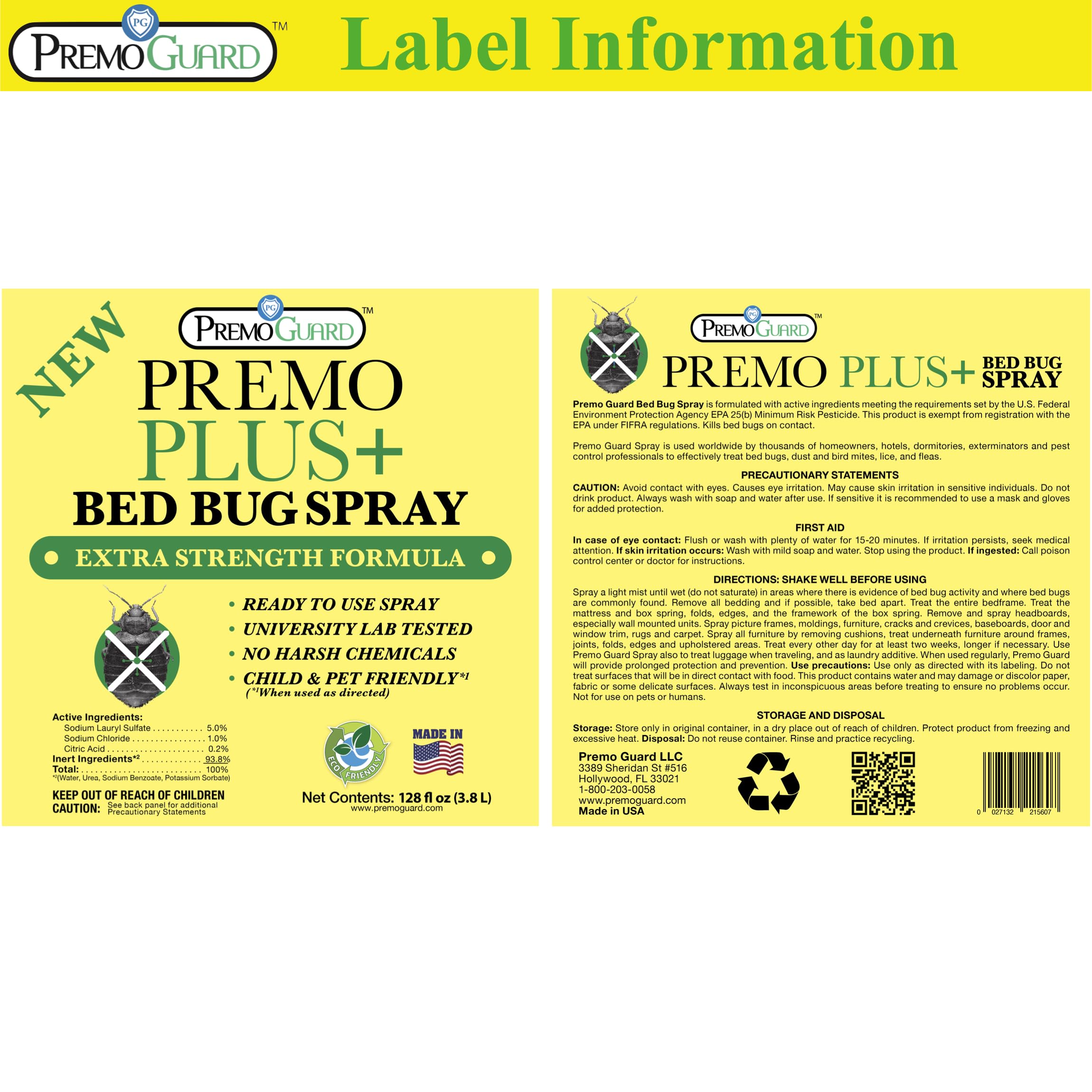 Premo Plus+ Bed Bug Spray Extra Strength – 128 oz – Fast Acting Bed Bug Treatment & Killer – Stain & Scent Free – Child & Pet Safe – Powerful New Stronger Formula – Natural with No Harmful Chemicals