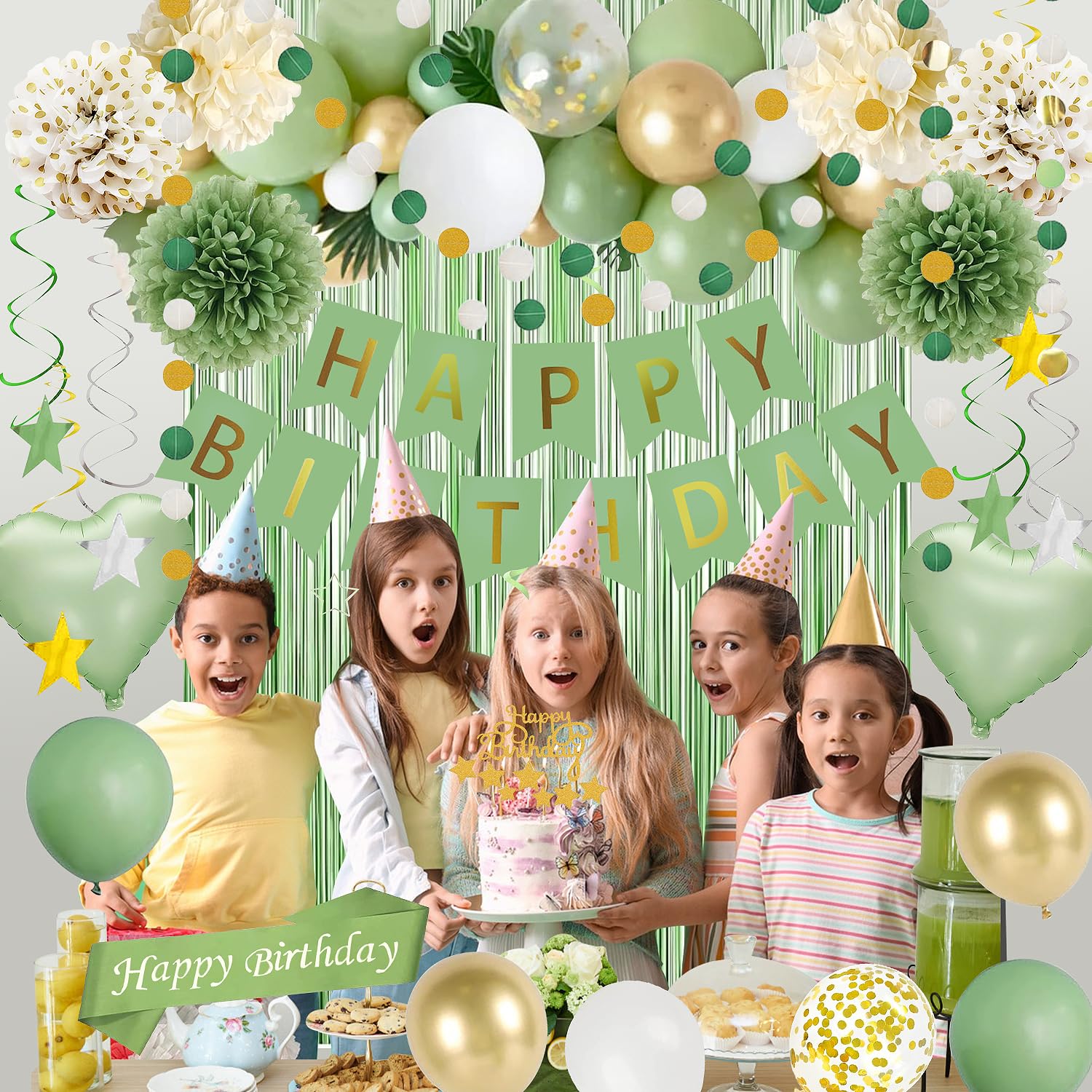 Torerun Upgraded Sage Green Birthday Party Decorations Olive Green and Gold Balloons with Happy Birthday Banner Sash,Cake Topper,Fringe Curtain,Star Hanging Swirls for Women or Girls