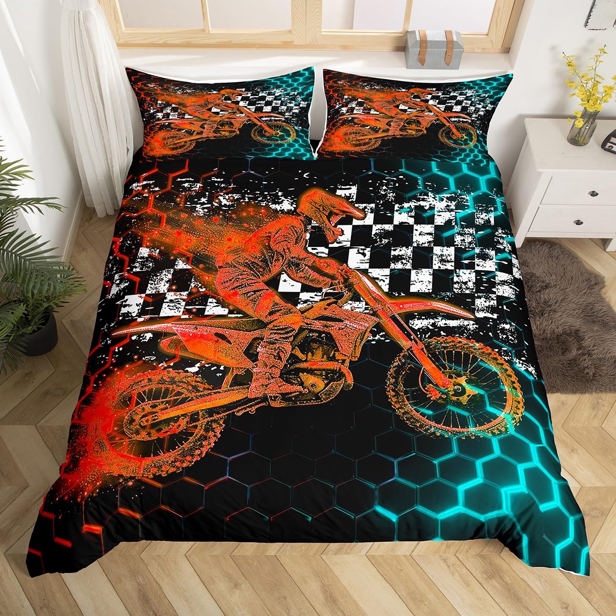 Feelyou Motocross Duvet Cover Set Black Orange Dirt Bike Rider Blue Orange Honeycomb Bedding Set Boys Racing Grid Comforter Cover Fashion Motorcycle Silhouette Quilt Cover Room 2Pcs Twin Size,Zipper