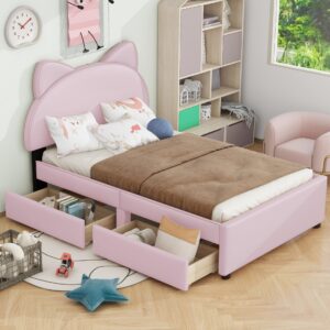 i-pook twin bed frame for children, upholstered platform bed with cat ears shaped headboard and 2 drawers, twin size storage bed for boys and girls, pink