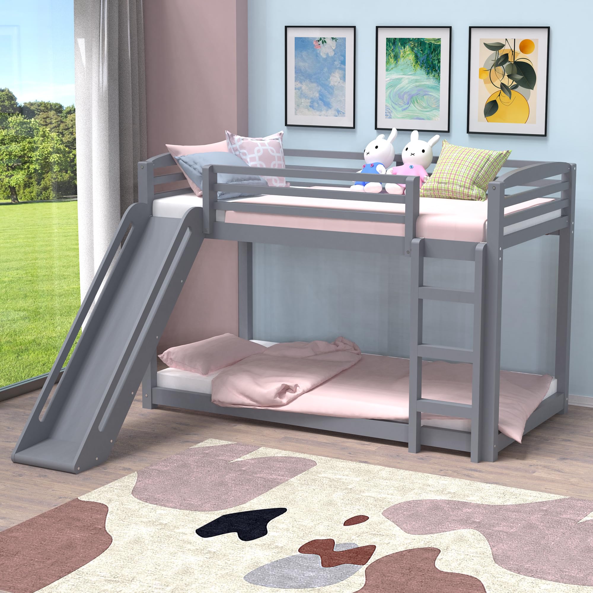 DreamBuck Bunk Bed with Slide, Solid Wood Twin Over Twin Bunk Bed with Ladder and Safety Guardrails, Floor Bunk Bed for Kids Boys Girls, Low Bunk Bed Space-Saving, Easy Assembly, Grey