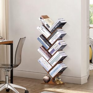 SHEEPAM 10 Tier Tree Book Shelf, Floor Standing Wood Bookshelf for Narrow Space, Storage Organizer Bookshelves for Books/CDs/Magazine, Bookcase with Shelves for Home Office, Living Room - Brown