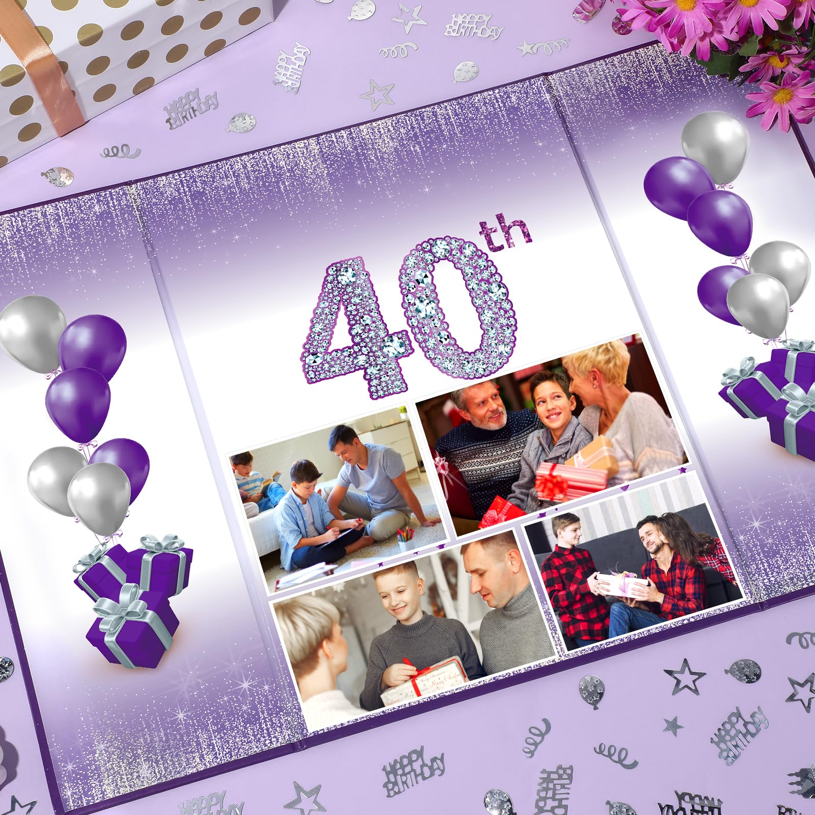 40th Birthday Decorations for Women Purple Silver Happy 40th Birthday Signature Guest Book Alternative for Women Men 40th Birthday Anniversary Party Gifts Supplies Favor Decor Greeting Card Creative