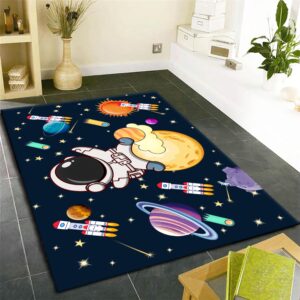 SOJAWA Space Astronaut Children Play Area Rug, 4x6ft, Solar System Rocket Living Room Rug, Non-Shedding Foldable Home Decorative Rugs, Washable Durable Low Pile Rug for Hallway Bedroom