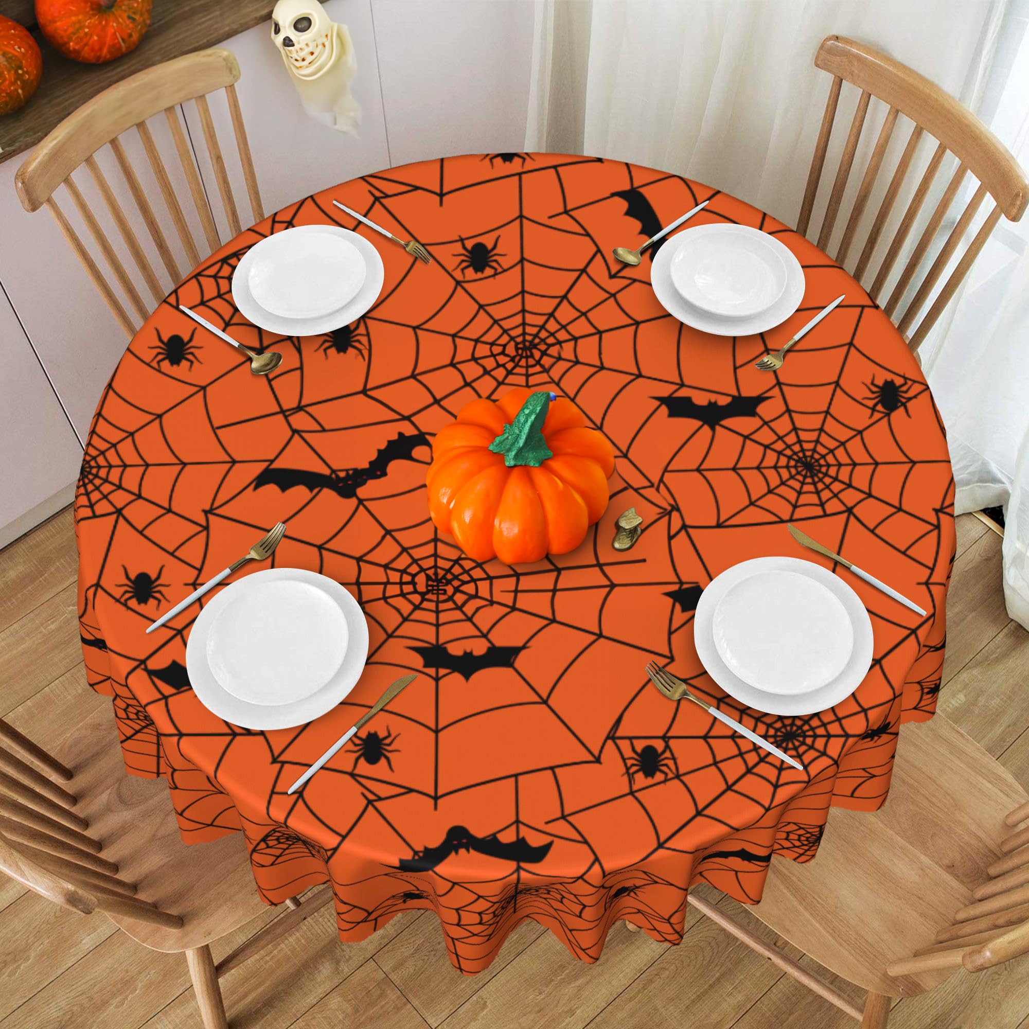 SuQKXCo Halloween Tablecloth Spider Web Orange Round Tablecloth 60 inch Table Cloths Cover Mat Spill Proof Table Covers for Kitchen Party Dinner Tabletop Decoration