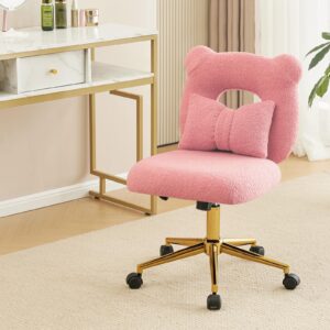 furniliving cute vanity desk chair, armless home office desk chair height adjustable with wheels upholstered pillow for makeup room for girls, sherpa pink