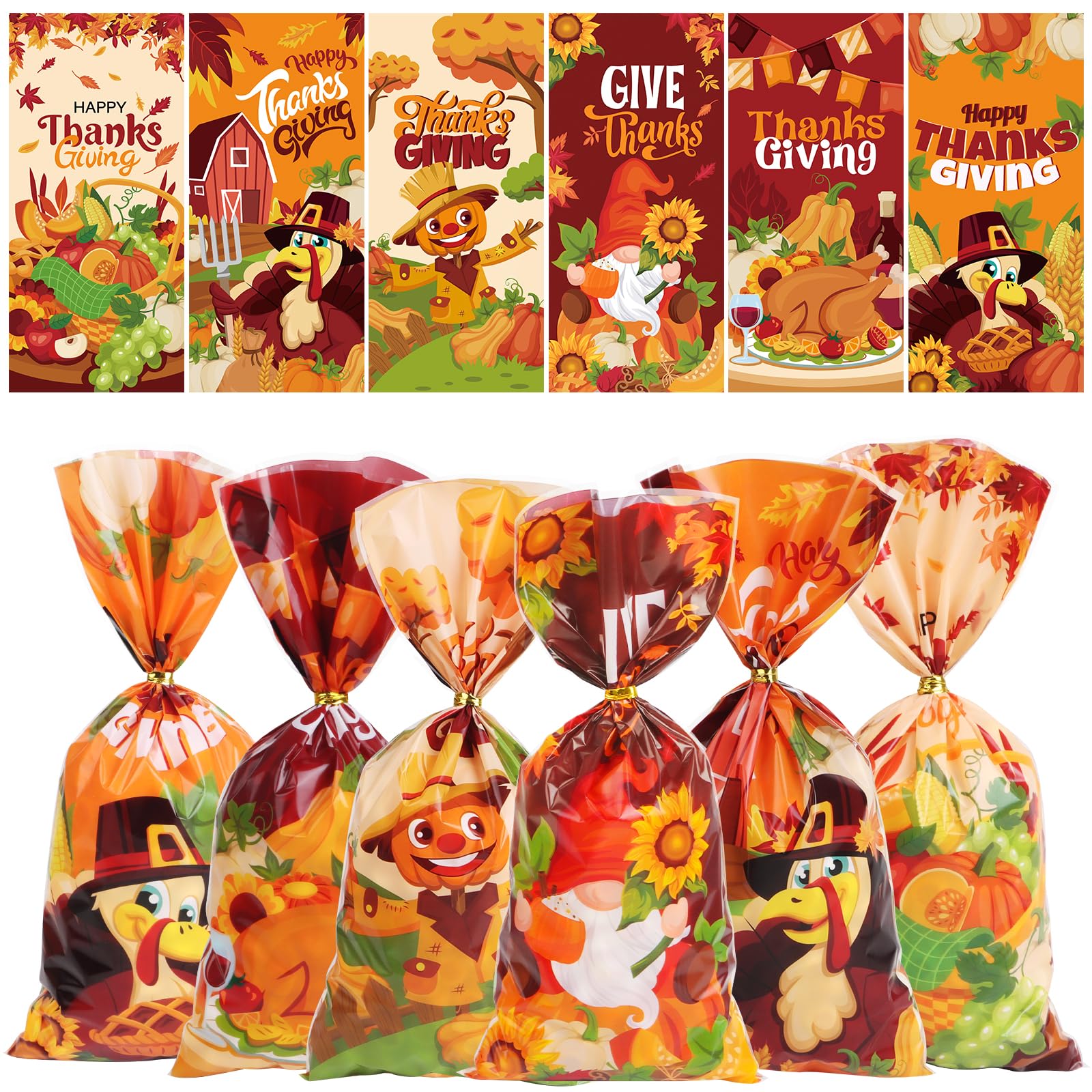 DIYASY 180 Pcs Thanksgiving Ceollophane Treat Bags, Fall Candy Bags Plastic Goodie Snack Bags with Twist Ties for Thanksgiving Party Favor and Holiday gifts Wrapping