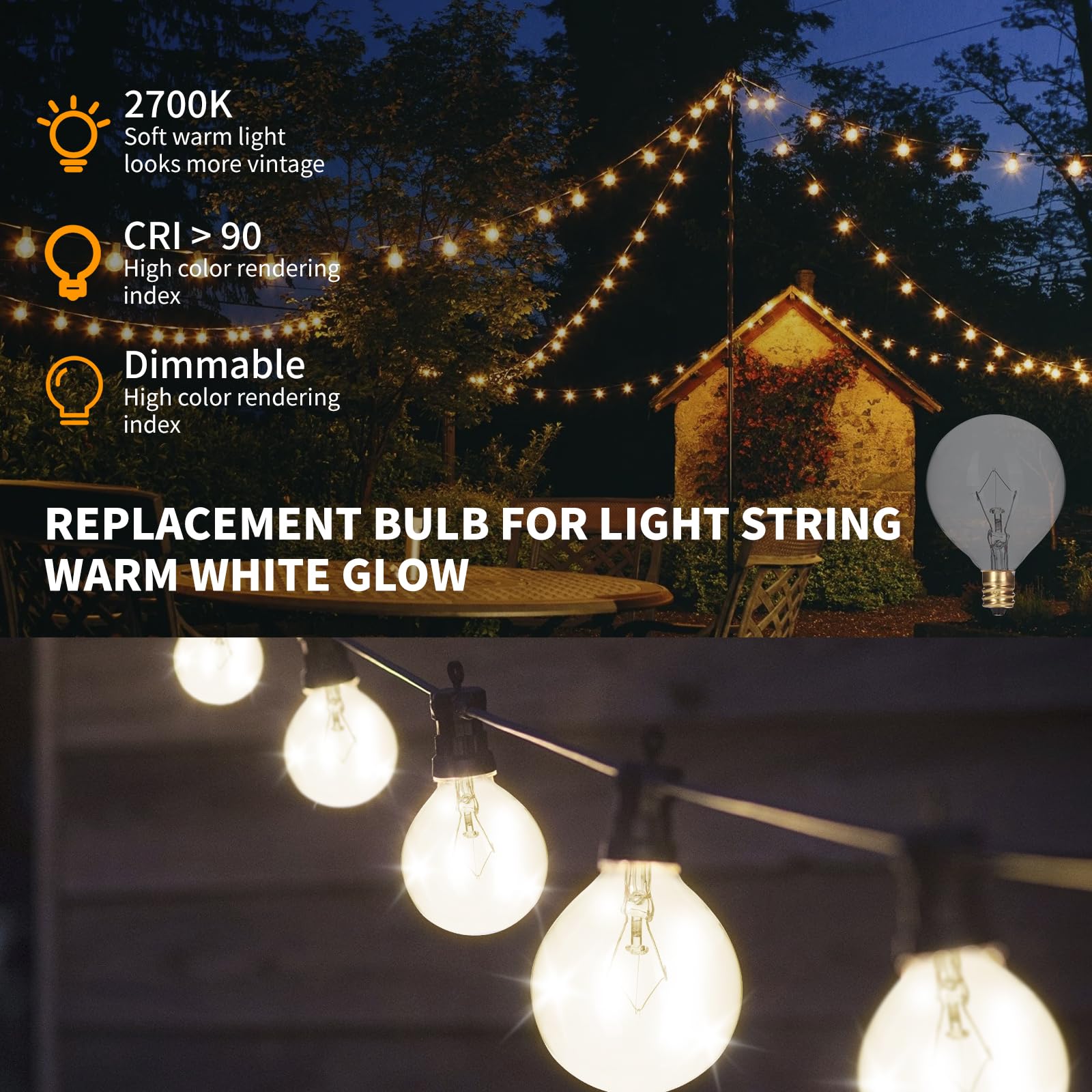 HINUAXBULB 8 Pack 40 Watt Wax Warmer Bulb Replacement Light Bulb for Full Size Scentsy Warmer 120V G50 E12 Incandescent Standard Base for Indoor Outdoor Patio String Lights