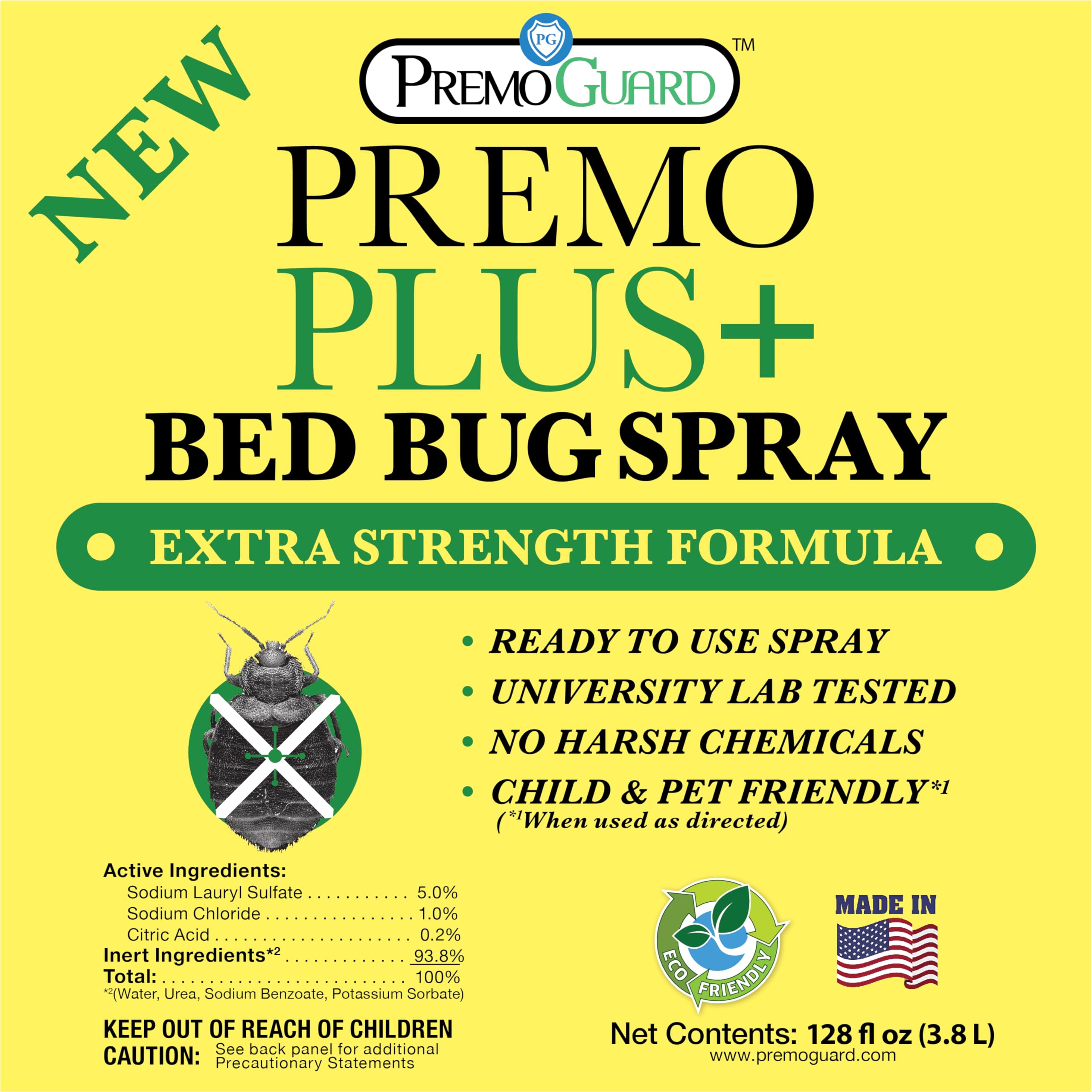 Premo Plus+ Bed Bug Spray Extra Strength – 128 oz – Fast Acting Bed Bug Treatment & Killer – Stain & Scent Free – Child & Pet Safe – Powerful New Stronger Formula – Natural with No Harmful Chemicals