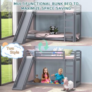 DreamBuck Bunk Bed with Slide, Solid Wood Twin Over Twin Bunk Bed with Ladder and Safety Guardrails, Floor Bunk Bed for Kids Boys Girls, Low Bunk Bed Space-Saving, Easy Assembly, Grey