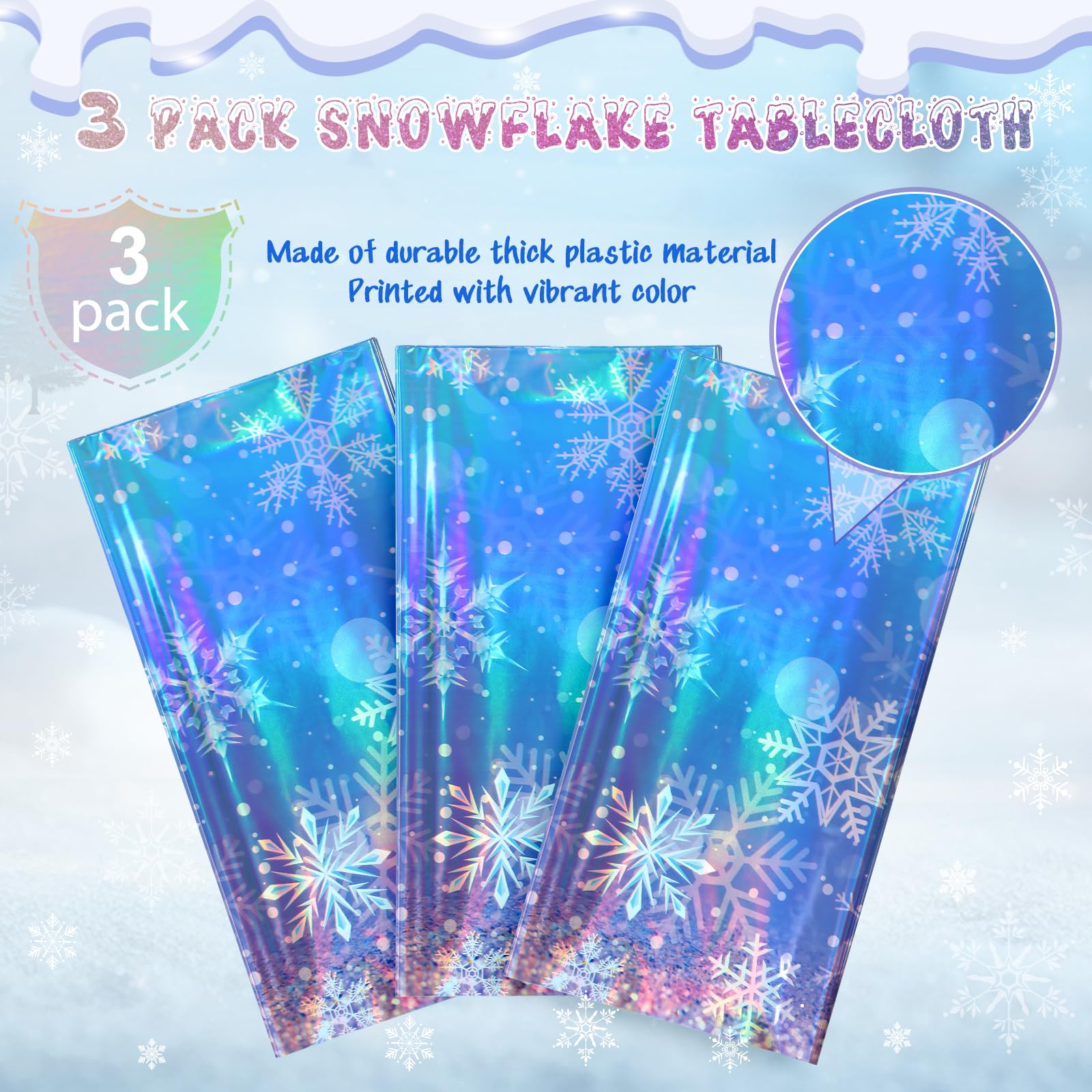 3 Pack Iridescent Winter Snowflake Plastic Tablecloth Decorations, Holographic Blue and Purple Snowflake Winter Wonderland Disposable Table Cover for Winter Holiday Birthday Decorations, 54x108 Inch