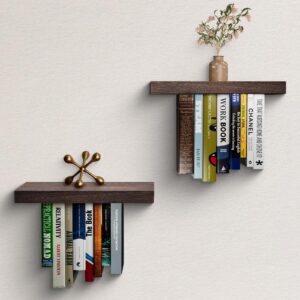 sauce zhan floating bookshelves for wall, 2 pack thickened & firm invisible book shelf floating with elastic bands, rustic natural wood unique hanging bookshelf decor for bedroom, living room, office