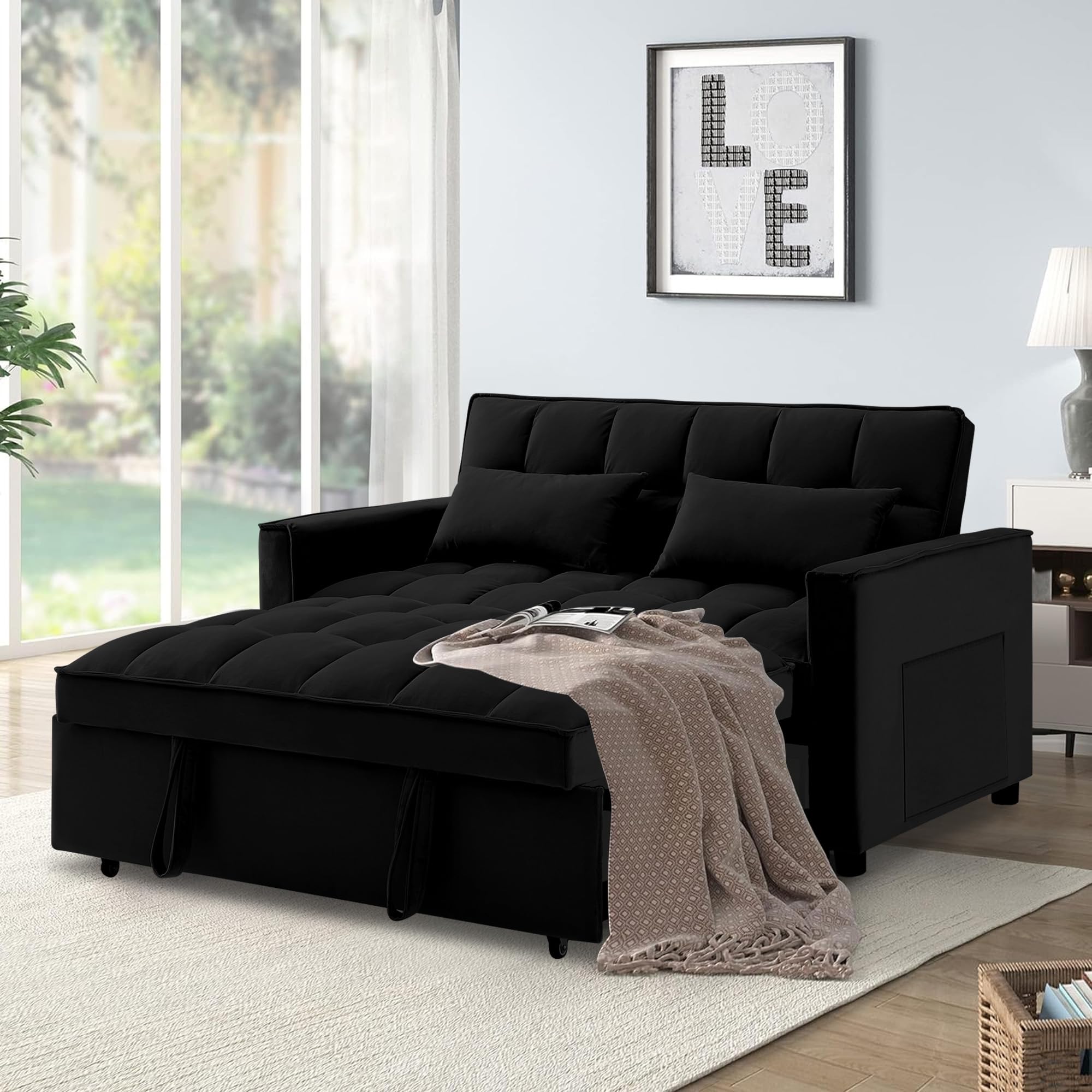 SumKea 55'' 3-in-1 Velvet Convertible Loveseat Sofa Bed-2-Seater Sleeper Couch with Pull-Out Bed, Reclining Backrest, Pillows, Pockets-Perfect for Small Spaces, Living Room Furniture, Dark Black