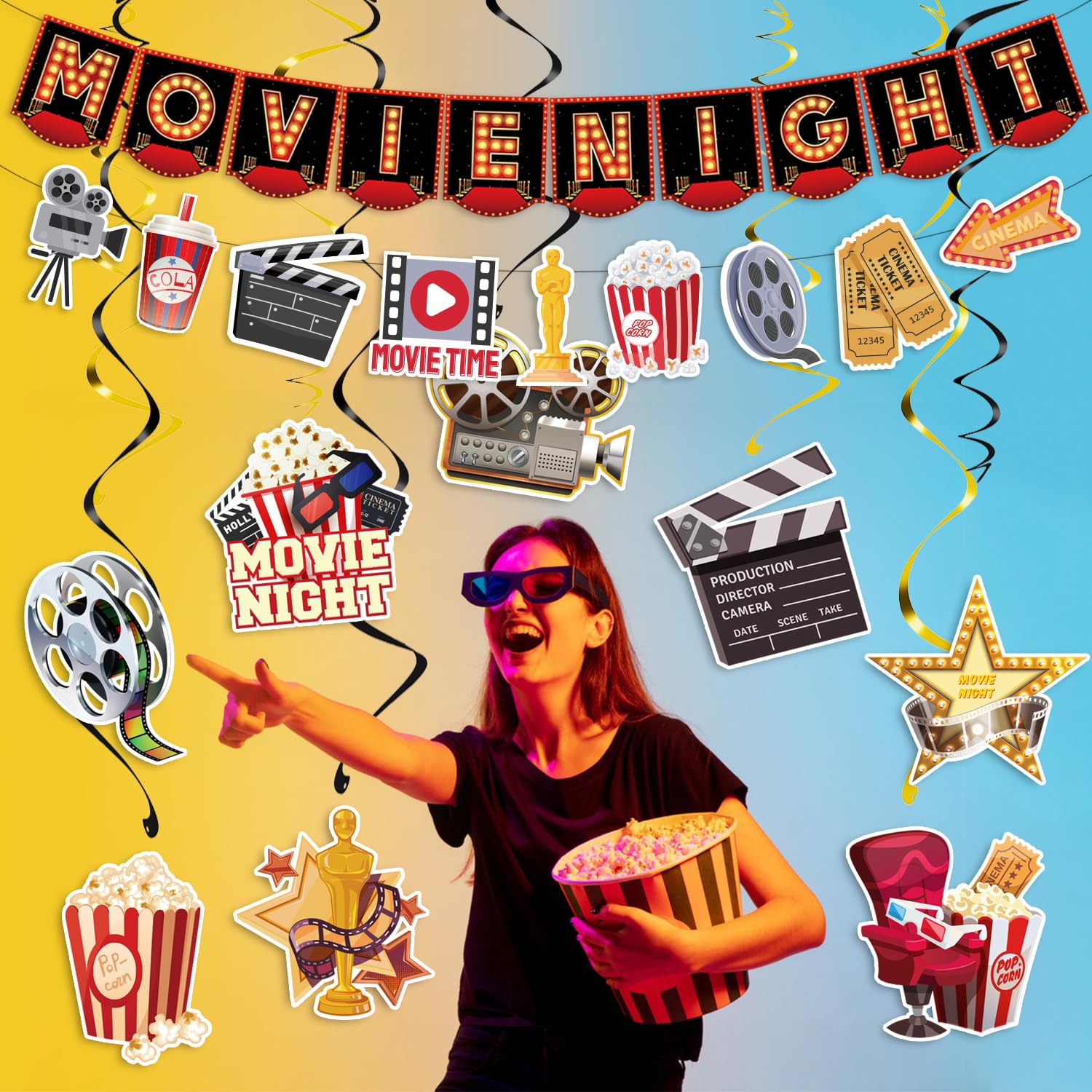 SKIRUP 18 Pieces Movie Night Decorations Party Decorations Kit movie night Banner Hanging Swirls Movie Theater Themed for Bridal Shower Birthday Party Supplies Film Backdrop