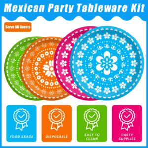 Kepeel 200Pcs Fiesta Party Plates, Mexican Cinco De Mayo Party Decorations Supplies Mexican Papel Picado Disposable Paper Plates Napkins for Taco Carnival Birthday Baby Shower Tableware, Serves 50