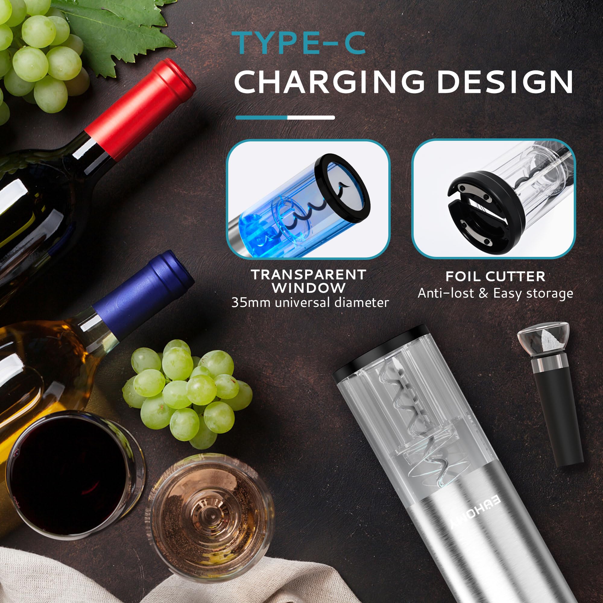 EUHOMY Electric Wine Opener Set, Wine Bottle Opener with Wine Aerator Pourer and Foil Cutter, Stainless Steel Automatic Corkscrew Opener with Wine Vacuum Stopper,Fine Set for Wine Lovers