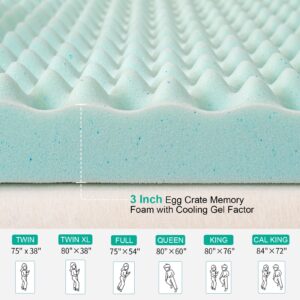 MUUEGM Mattress Topper 3 Inches Egg Crate Memory Foam Mattress Topper Twin Size, Gel Infused Memory Foam Cooling Ventilated Breathable Blue Mattress Pad Back Pain Relief