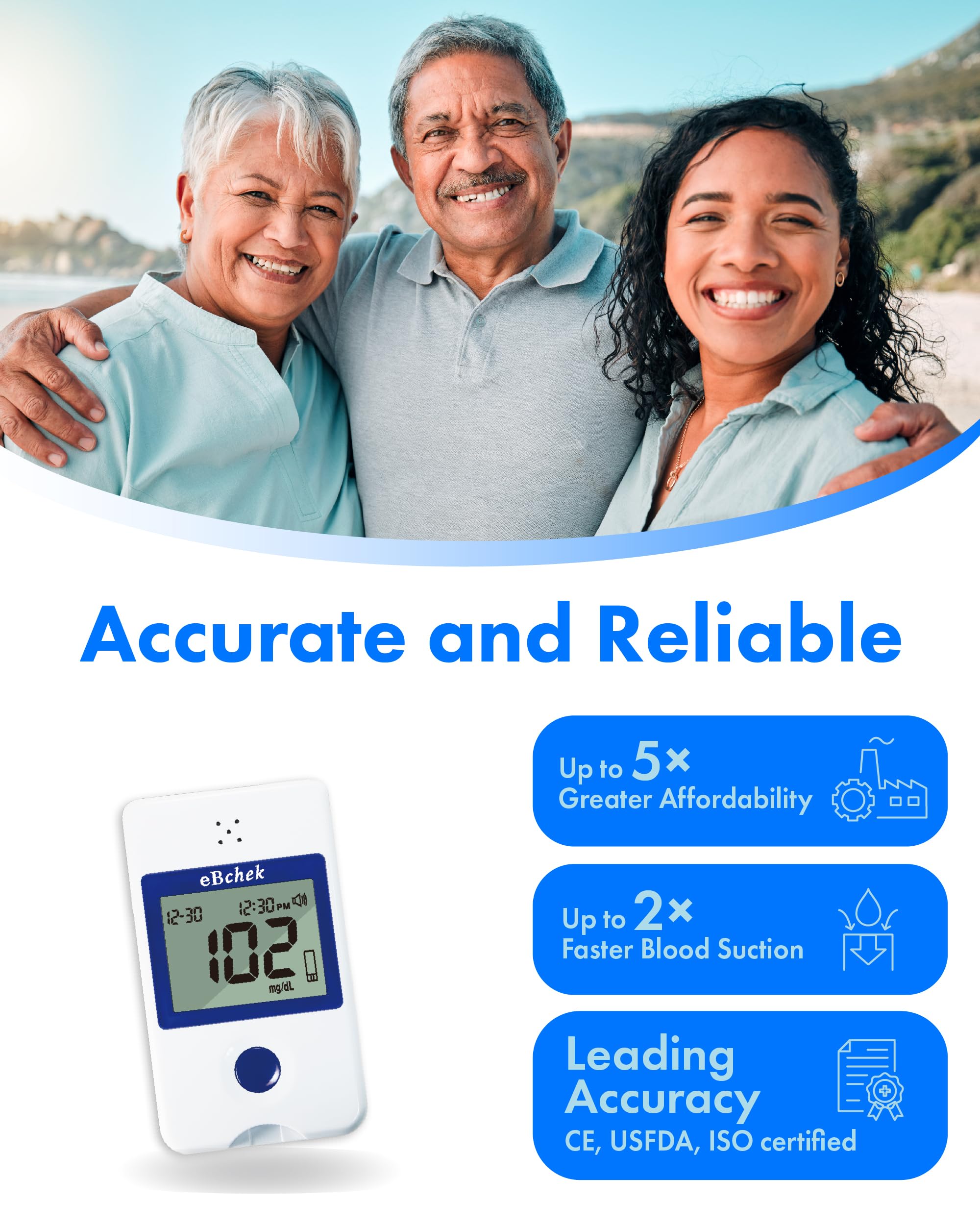 eBmonitor eBchek Blood Glucose Test Strips, 50 count, No Coding Blood Sugar Test, Precision Sugar Measurement for Diabetics, Strips Work Only in eBchek Glucose Meters