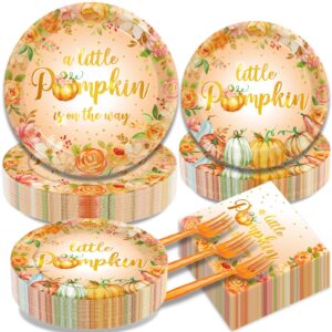 kepeel 200pcs fall little pumpkin baby shower plates and napkins set, autumn a little pumpkin is on the way party supplies decorations thanksgiving baby shower birthday party tableware kit, serves 50