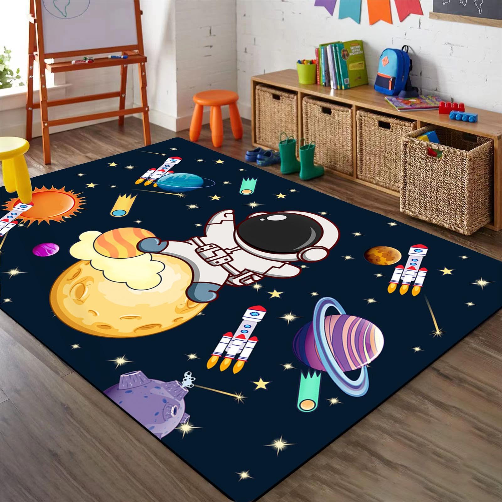 SOJAWA Space Astronaut Children Play Area Rug, 4x6ft, Solar System Rocket Living Room Rug, Non-Shedding Foldable Home Decorative Rugs, Washable Durable Low Pile Rug for Hallway Bedroom