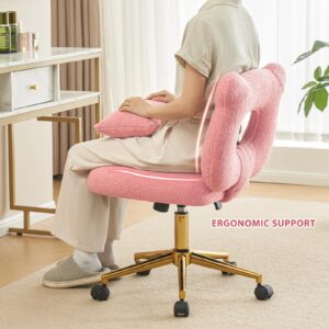 Furniliving Cute Vanity Desk Chair, Armless Home Office Desk Chair Height Adjustable with Wheels Upholstered Pillow for Makeup Room for Girls, Sherpa Pink