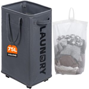 chicvita rolling laundry basket with wheels,75l large collapsible laundry hamper with removable wash bag space for corner dorms, grey