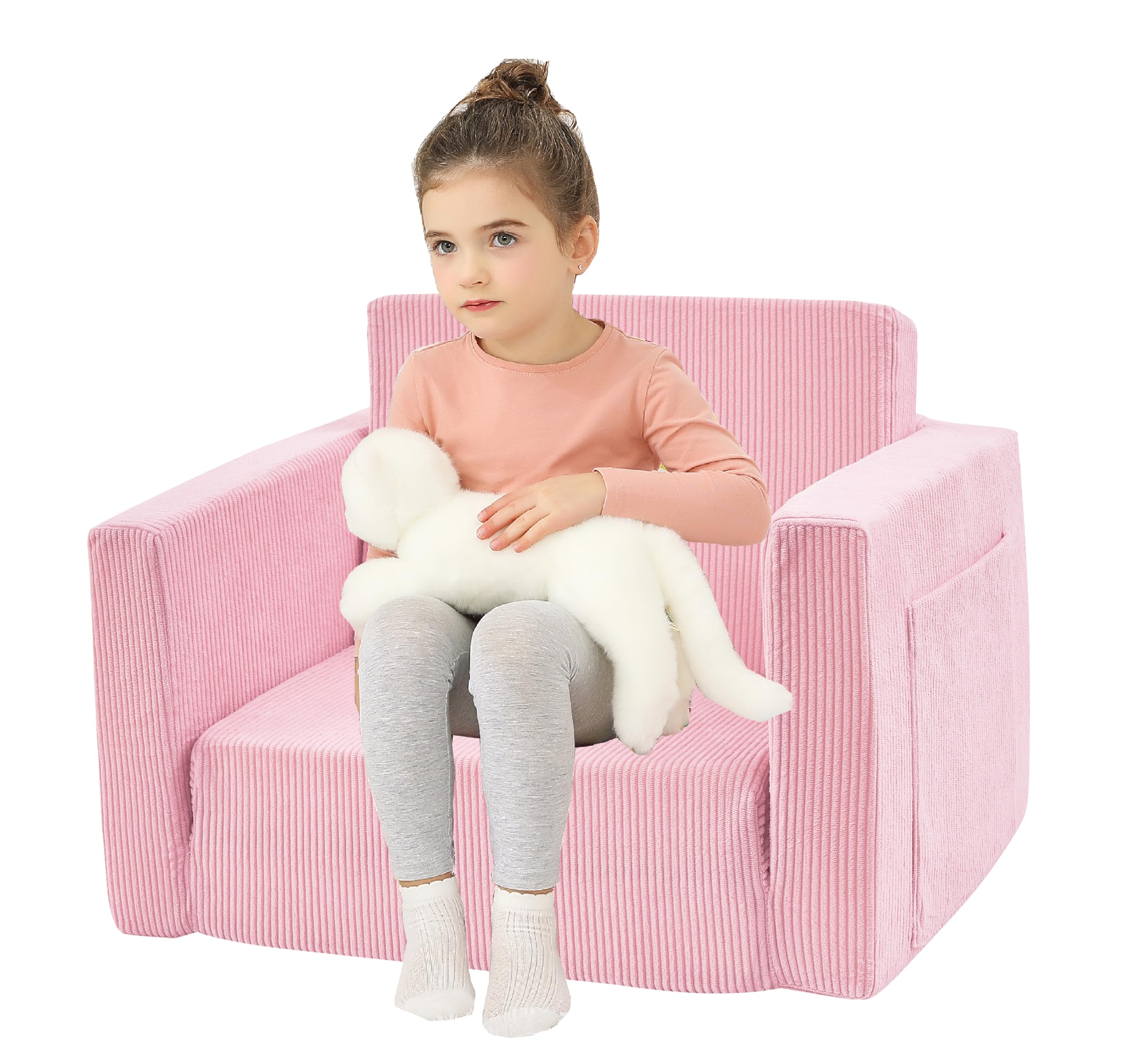 Kids Folding Sofa Chair Couch Foam Filled Lounge Toddler Chair Couch Cuddly Corduroy Comfy Bean Bag Chair Couch for Boys and Girls Pink 1-4T