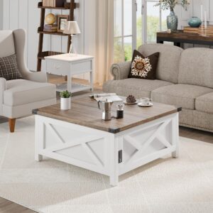 MU Lift Top Coffee Table, Square Coffee Table with Hidden Storage, Farmhouse Wood Coffee Table with Charging Station and Barn Door for Living Room, White