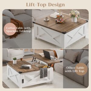 MU Lift Top Coffee Table, Square Coffee Table with Hidden Storage, Farmhouse Wood Coffee Table with Charging Station and Barn Door for Living Room, White