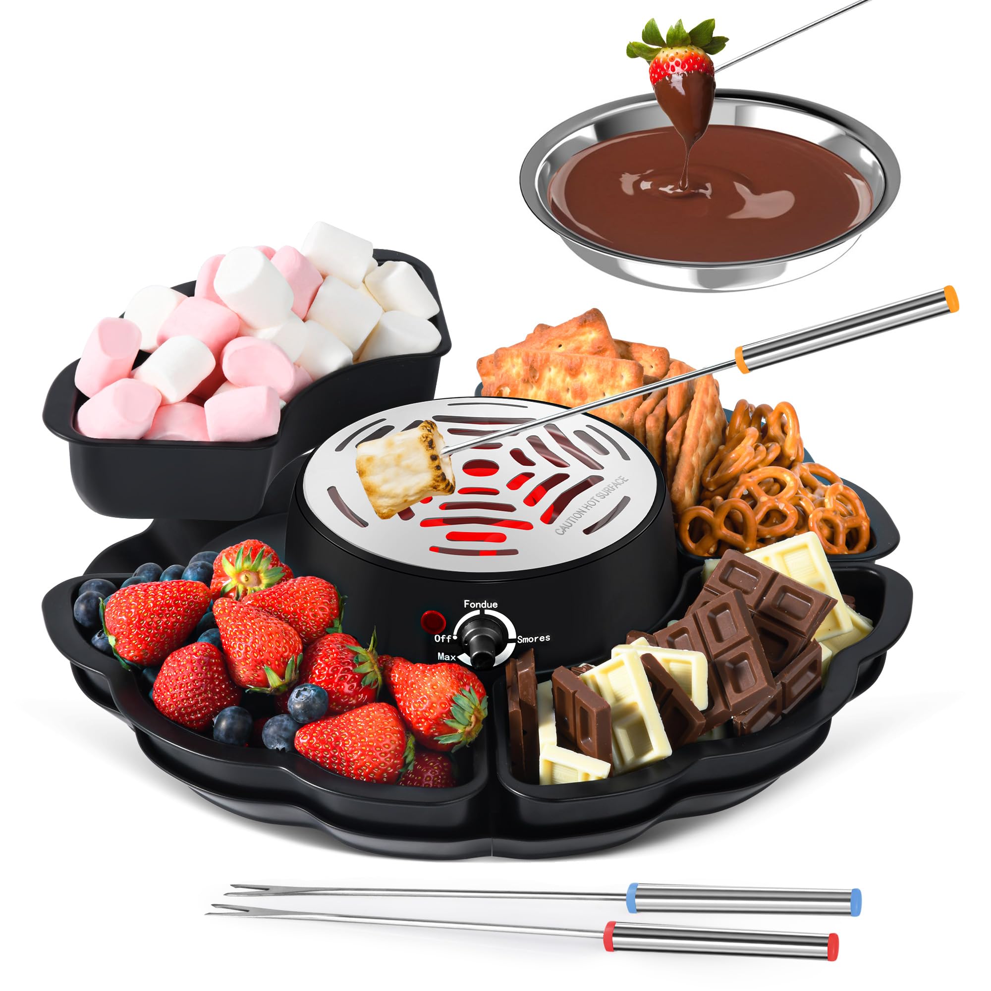 2 in 1 Electric S’mores Maker & Fondue Pot, Tabletop Indoor Smores kit with 4 Roasting Forks, 4 Detachable Trays & 1 Flameless Temperature-controlled Heater, Movie Night Supplies & Housewarming Gifts