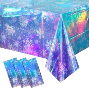 3 pack iridescent winter snowflake plastic tablecloth decorations, holographic blue and purple snowflake winter wonderland disposable table cover for winter holiday birthday decorations, 54x108 inch