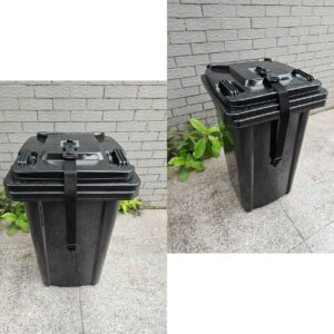 OeckuXIY 2 Pack Trash Can Lid Strap Locks, No Drill Garbage Can Latches, Adjustable Animals Proof Straps Use for Locking Outdoor Waste Bin, Recycling Container, Black