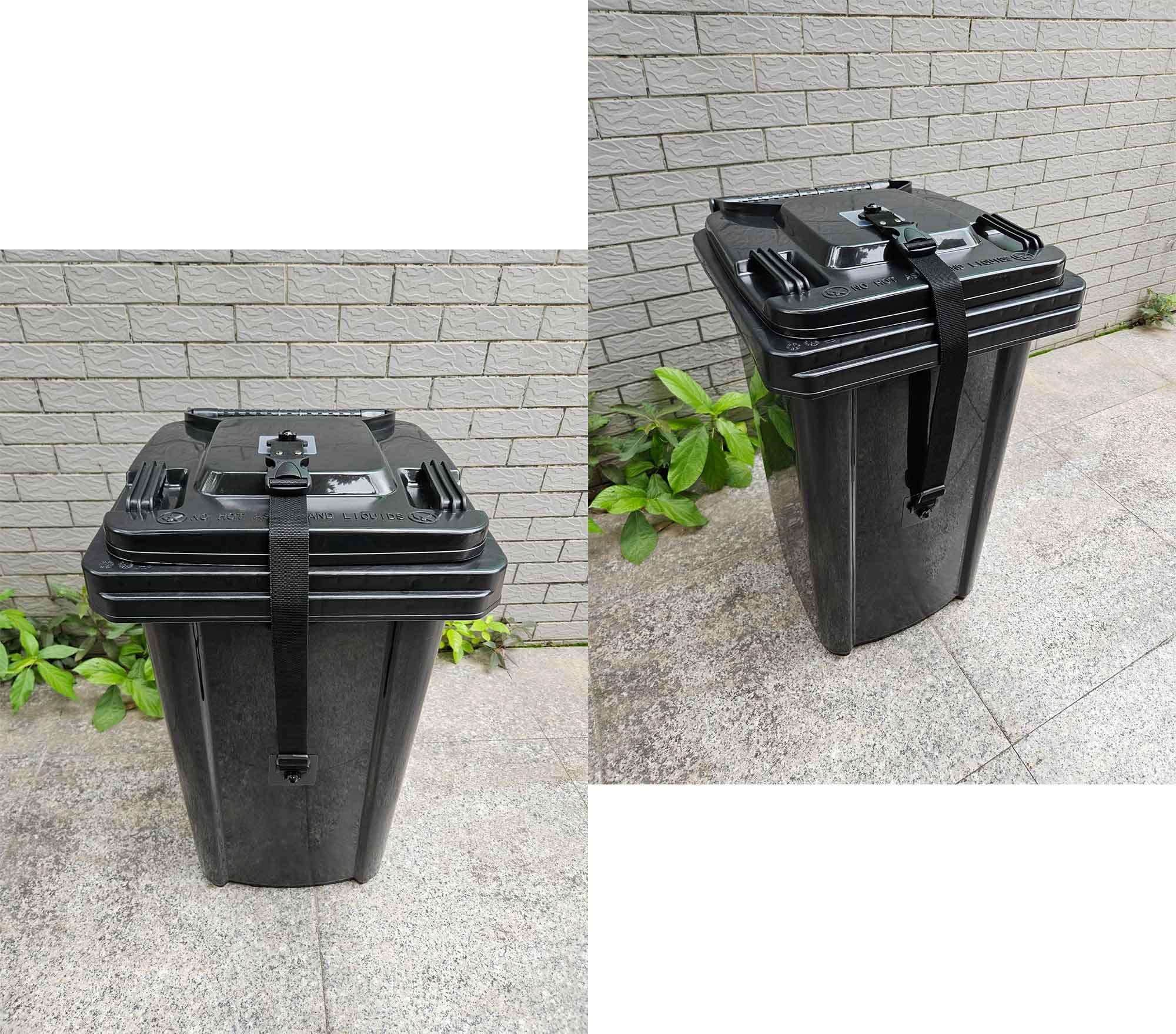 OeckuXIY 2 Pack Trash Can Lid Strap Locks, No Drill Garbage Can Latches, Adjustable Animals Proof Straps Use for Locking Outdoor Waste Bin, Recycling Container, Black