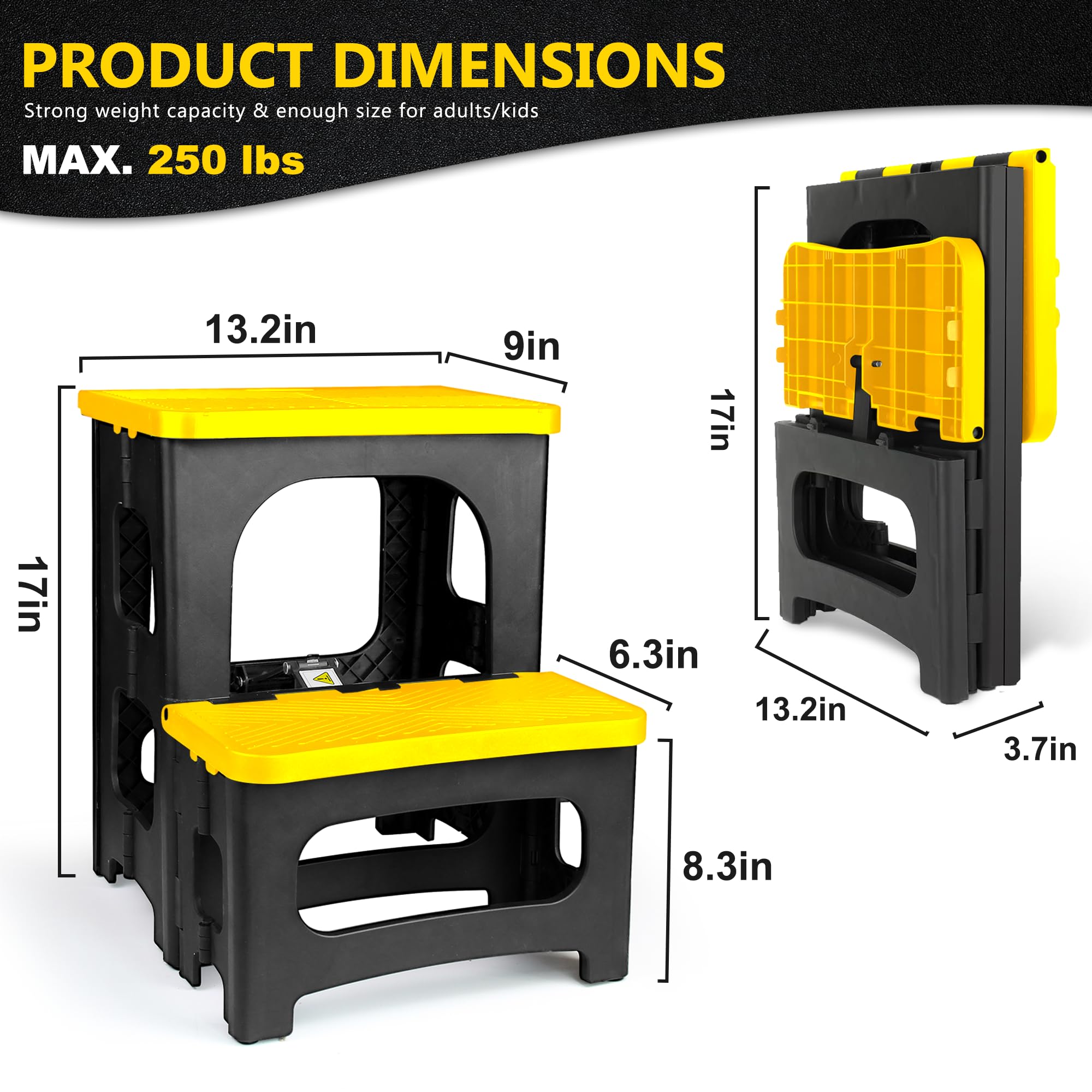 Amoise Folding 2-Step Stool, Non-Slip Portable Footstool 8" & 17" Dual Heights, Holds 250 lbs, Portable Footstool for Kitchen Home Toilet Bedroom Office Bathroom RV(Yellow)